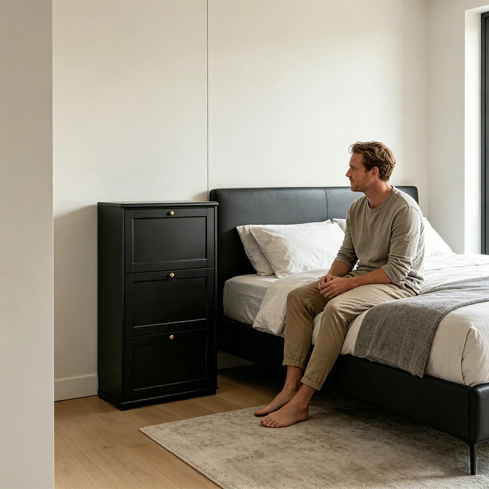LIVARA Flip Down Shoe Cabinet Slim Space Saving Storage 55/75cm for Entryway Hallway & Bedroom - Black