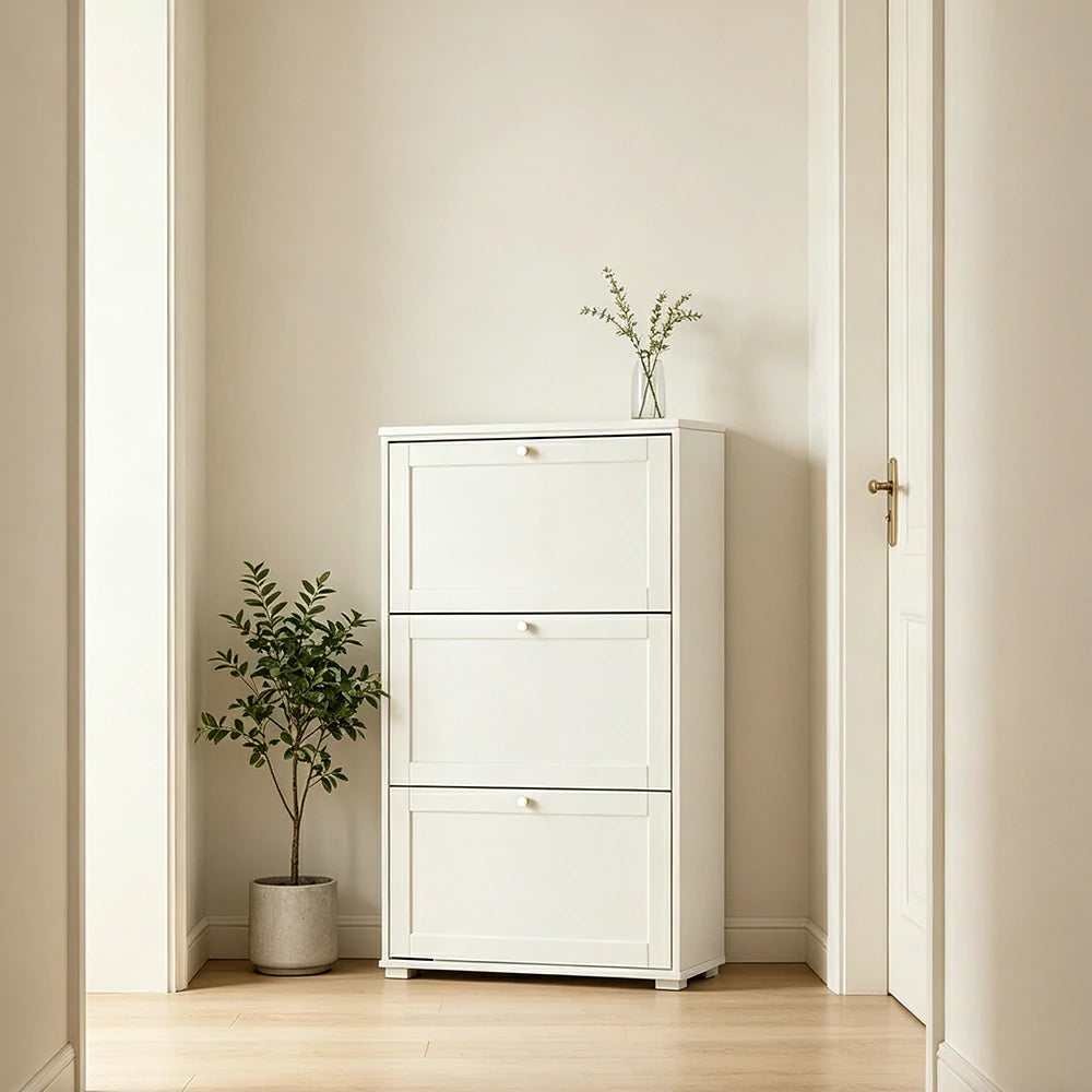 LIVARA Flip Down Shoe Cabinet Slim Space Saving Storage 55/75cm for Entryway Hallway & Bedroom - White