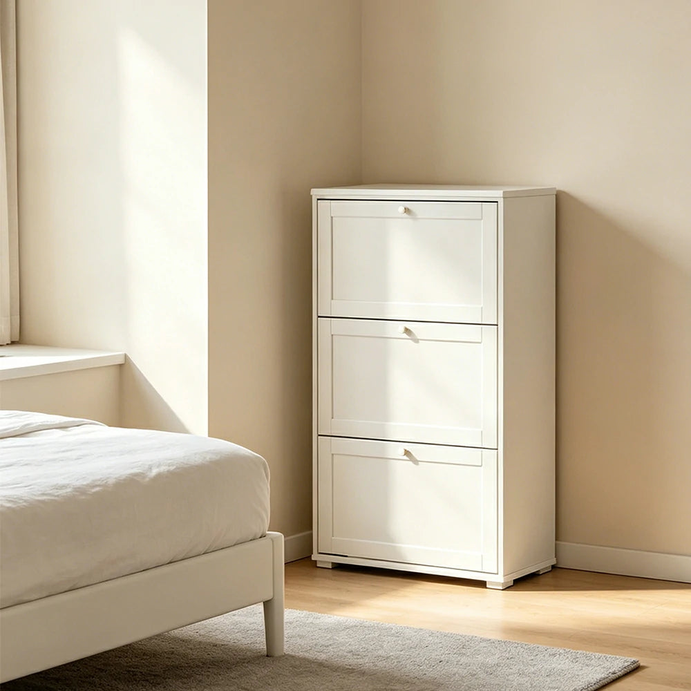 LIVARA Flip Down Shoe Cabinet Slim Space Saving Storage 55/75cm for Entryway Hallway & Bedroom - White
