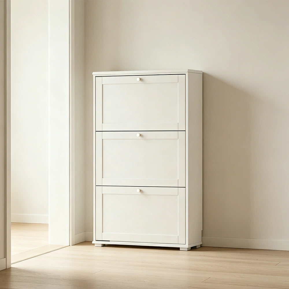 LIVARA Flip Down Shoe Cabinet Slim Space Saving Storage 55/75cm for Entryway Hallway & Bedroom - White