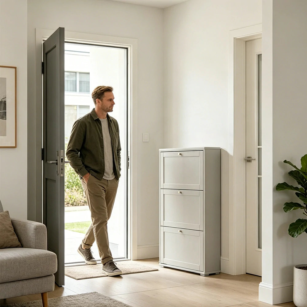 LIVARA Flip Down Shoe Cabinet Slim Space Saving Storage 55/75cm for Entryway Hallway & Bedroom - White