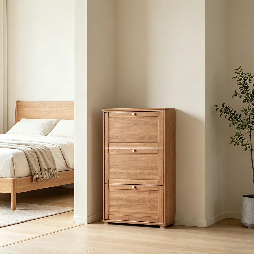 LIVARA Flip Down Shoe Cabinet Slim Space Saving Storage 55/75cm for Entryway Hallway & Bedroom - Cherry