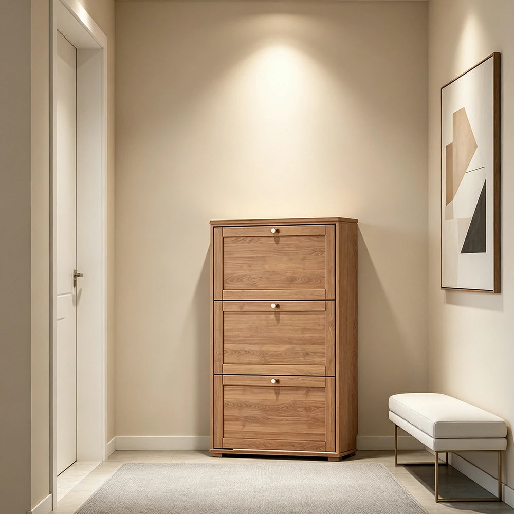 LIVARA Flip Down Shoe Cabinet Slim Space Saving Storage 55/75cm for Entryway Hallway & Bedroom - Cherry