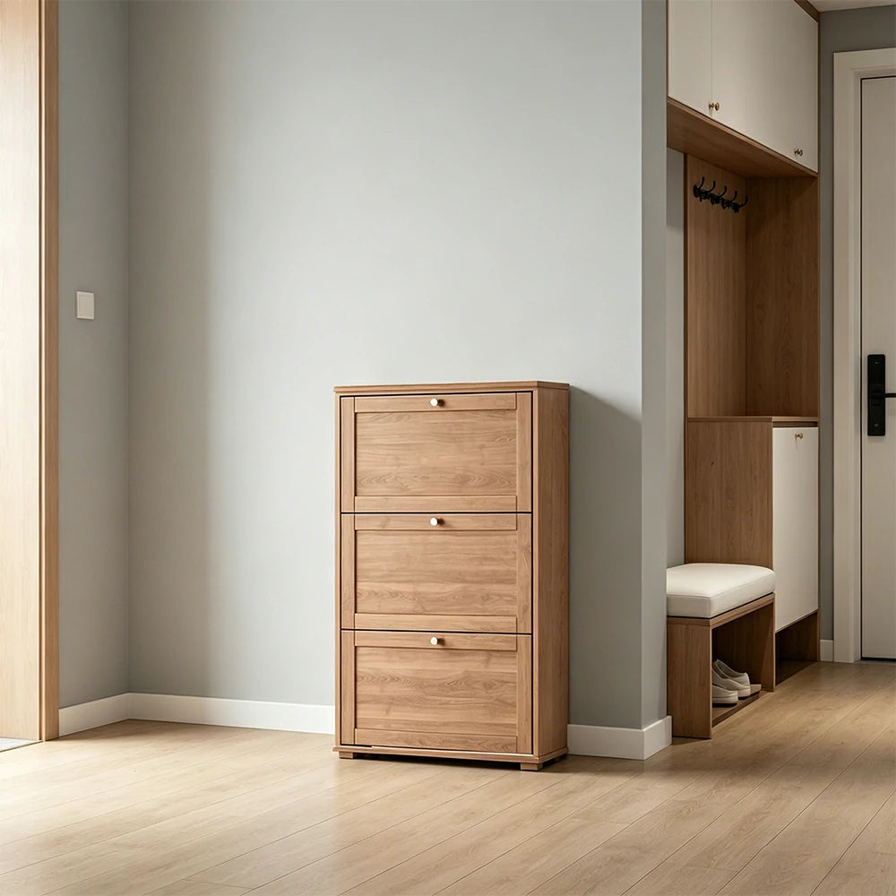 LIVARA Flip Down Shoe Cabinet Slim Space Saving Storage 55/75cm for Entryway Hallway & Bedroom - Cherry