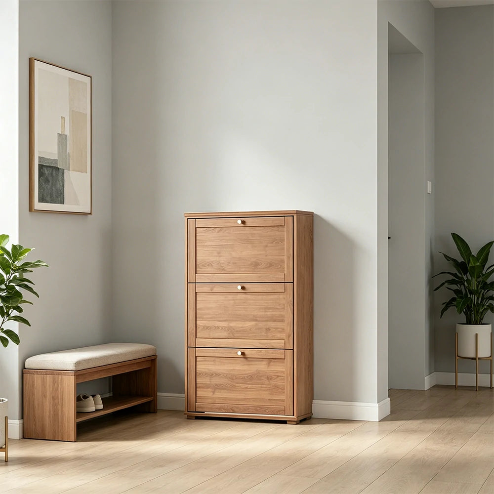 LIVARA Flip Down Shoe Cabinet Slim Space Saving Storage 55/75cm for Entryway Hallway & Bedroom - Cherry