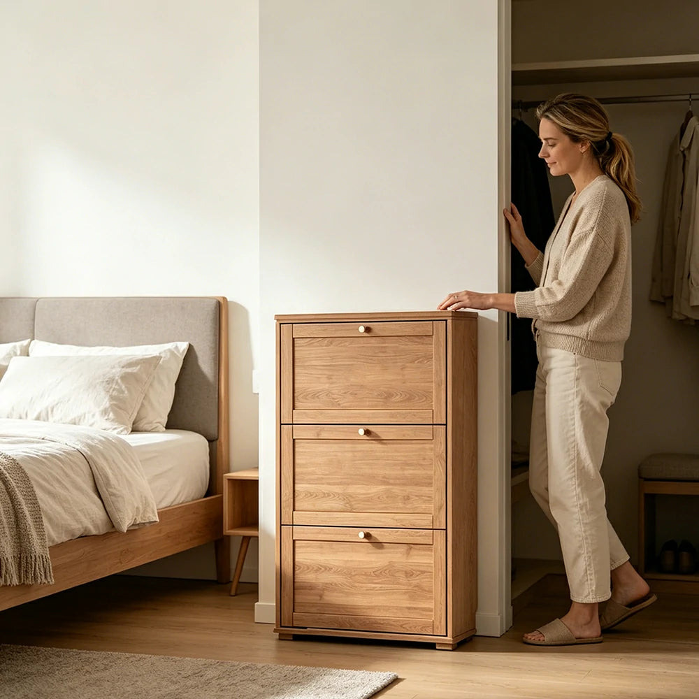 LIVARA Flip Down Shoe Cabinet Slim Space Saving Storage 55/75cm for Entryway Hallway & Bedroom - Cherry
