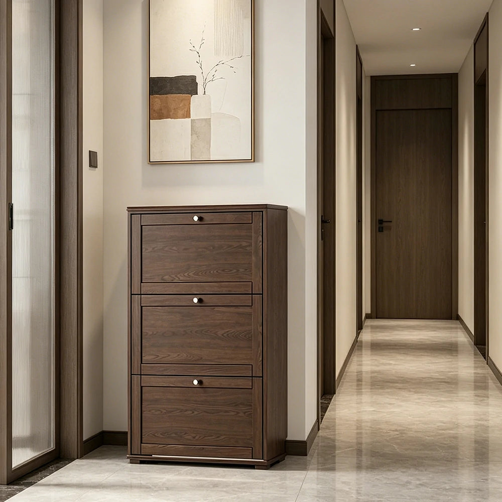 LIVARA Flip Down Shoe Cabinet Slim Space Saving Storage 55/75cm for Entryway Hallway & Bedroom - Walnut