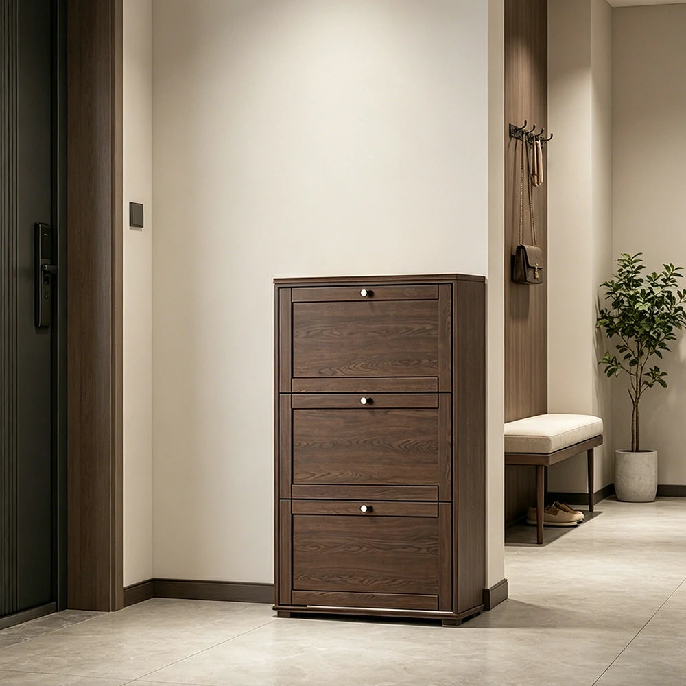 LIVARA Flip Down Shoe Cabinet Slim Space Saving Storage 55/75cm for Entryway Hallway & Bedroom - Walnut
