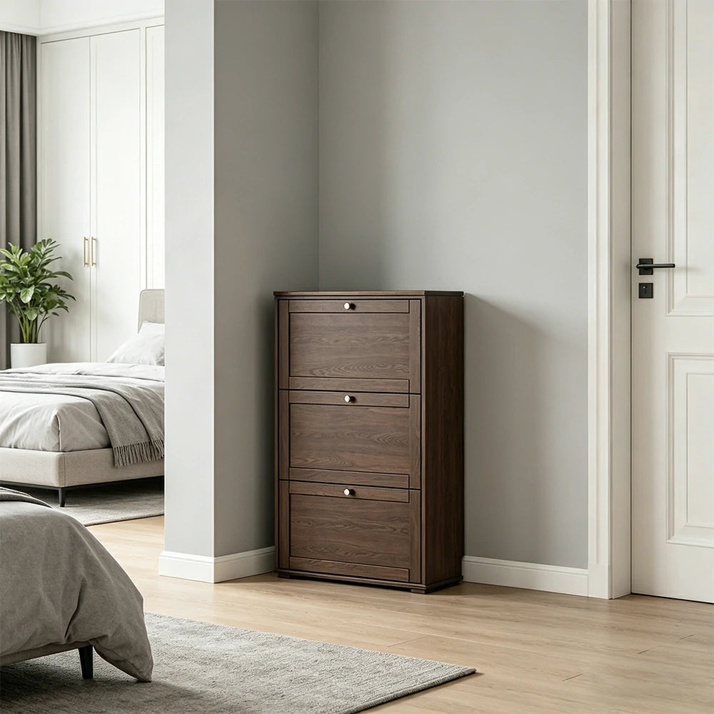 LIVARA Flip Down Shoe Cabinet Slim Space Saving Storage 55/75cm for Entryway Hallway & Bedroom - Walnut