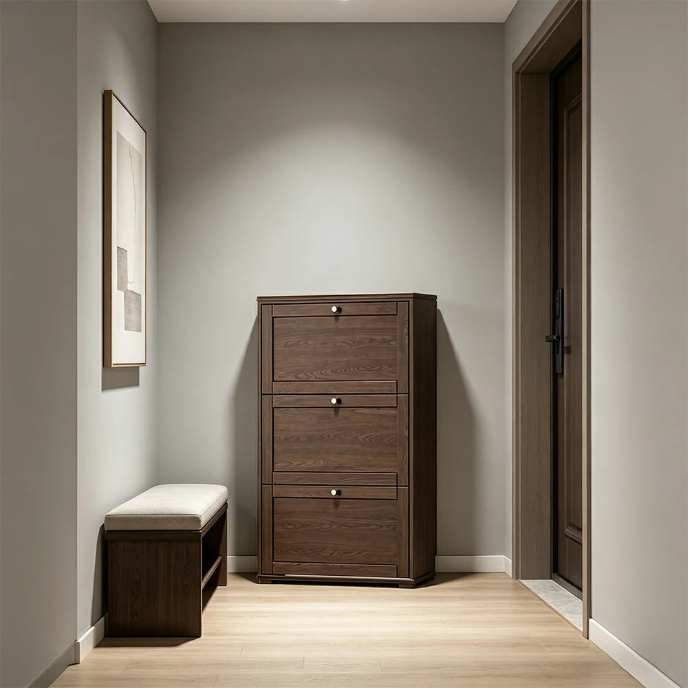 LIVARA Flip Down Shoe Cabinet Slim Space Saving Storage 55/75cm for Entryway Hallway & Bedroom - Walnut