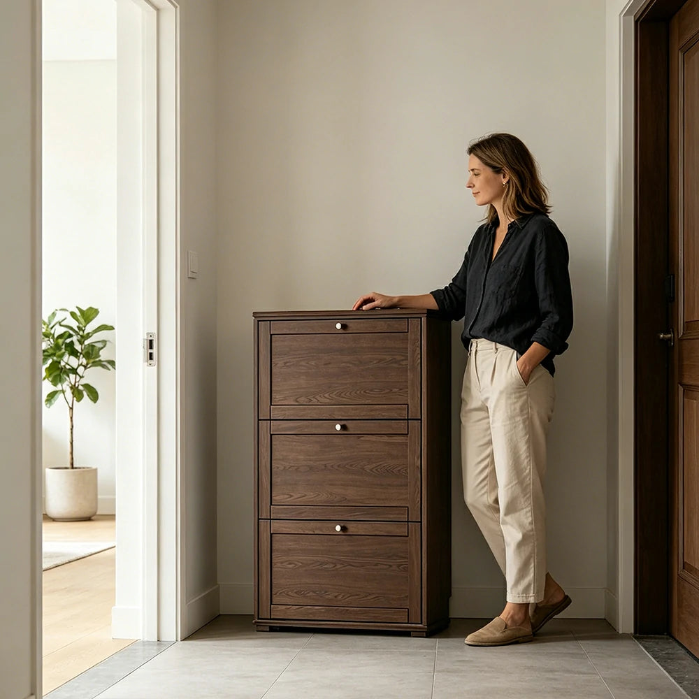 LIVARA Flip Down Shoe Cabinet Slim Space Saving Storage 55/75cm for Entryway Hallway & Bedroom - Walnut