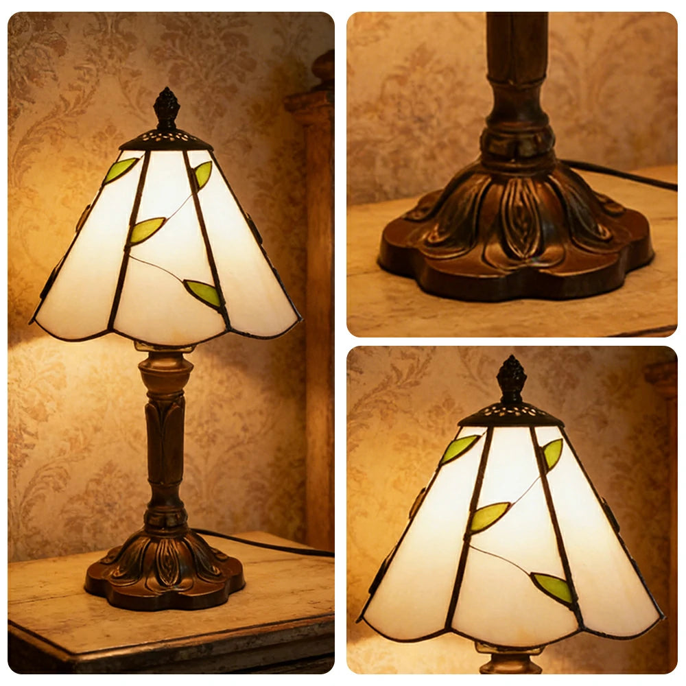 LIVARA Beige Leaf Stained Glass Table Lamp Handmade Tiffany Style E27 Bedside Light Vintage Decor for Living Room Bedroom Study