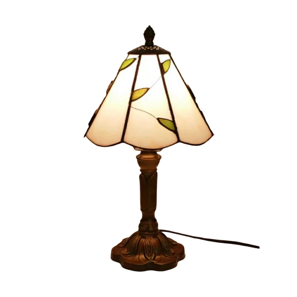 LIVARA Beige Leaf Stained Glass Table Lamp Handmade Tiffany Style E27 Bedside Light Vintage Decor for Living Room Bedroom Study