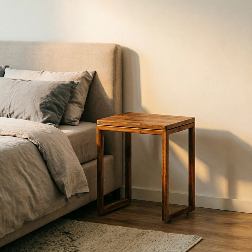 LIVARA Mobile Side Table Solid Wood Storage End Table with Hidden Casters for Living Room Bedroom & Bedside - Walnut