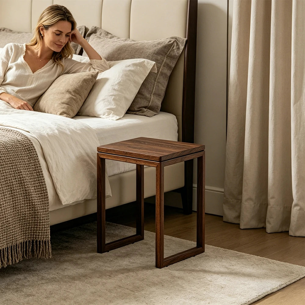 LIVARA Mobile Side Table Solid Wood Storage End Table with Hidden Casters for Living Room Bedroom & Bedside - Walnut