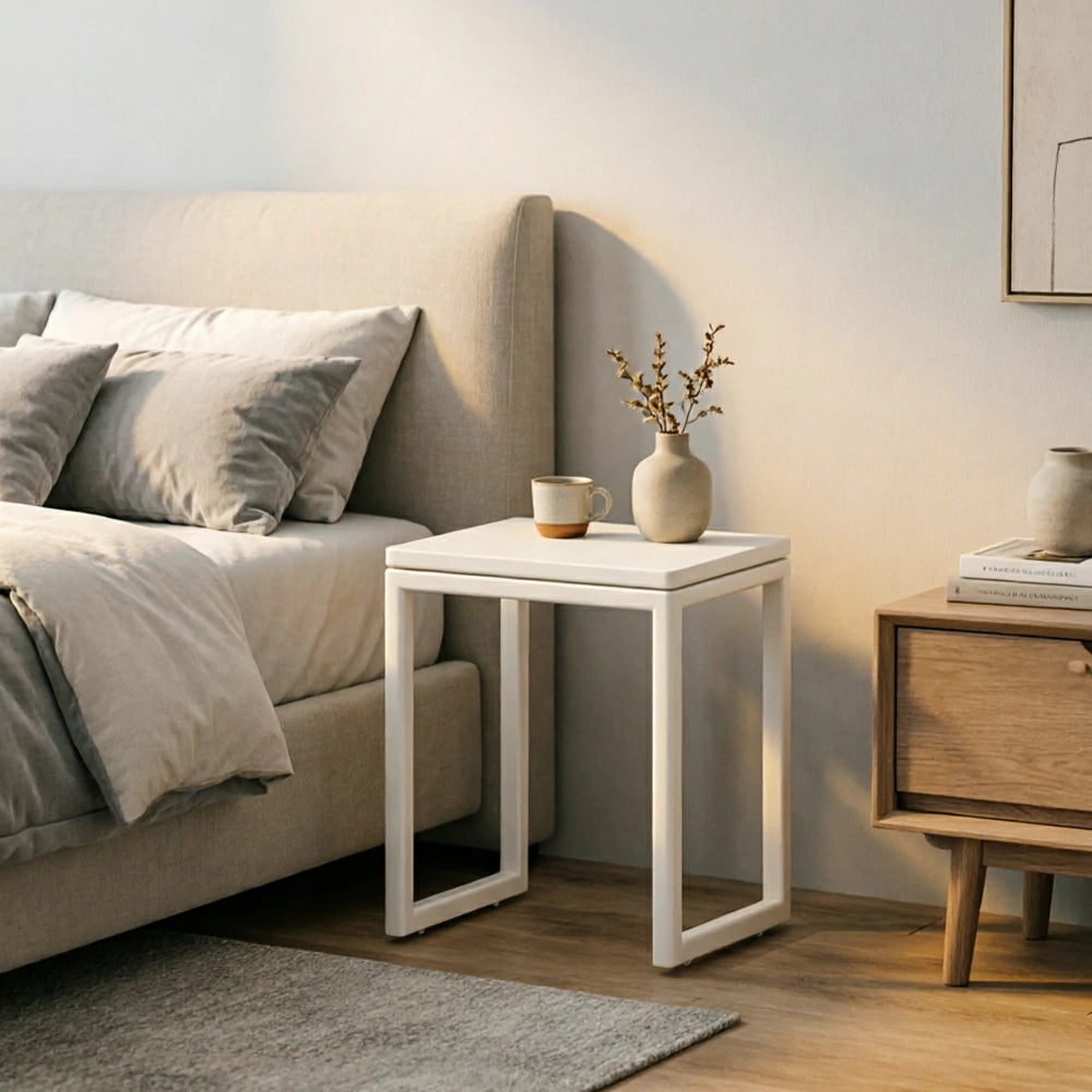 LIVARA Mobile Side Table Solid Wood Storage End Table with Hidden Casters for Living Room Bedroom & Bedside - White