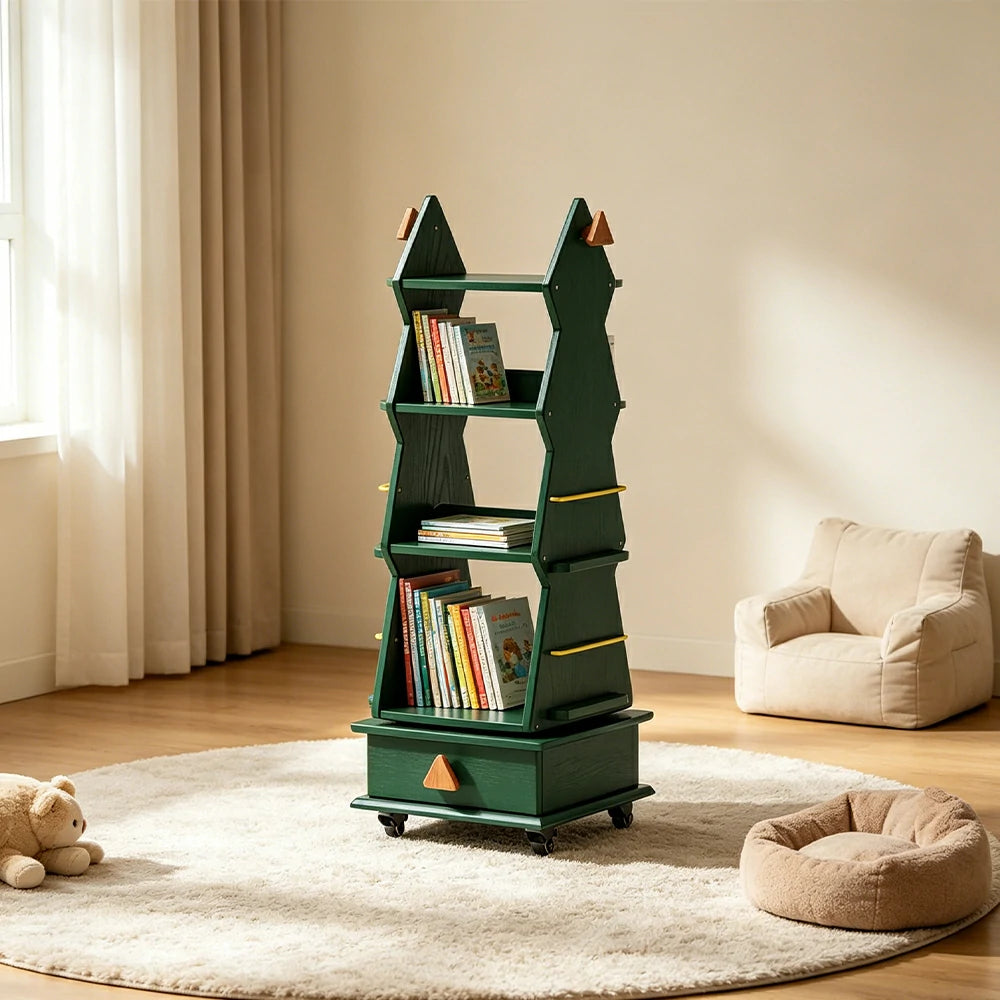 LIVARA Children’s Rotating Bookshelf Multi Layer Solid Wood Storage Shelf for Kids Room & Reading Corner - Green