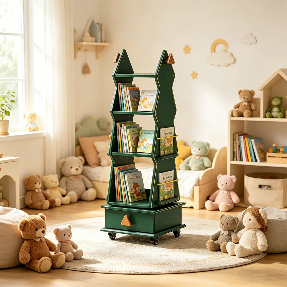 LIVARA Children’s Rotating Bookshelf Multi Layer Solid Wood Storage Shelf for Kids Room & Reading Corner - Green
