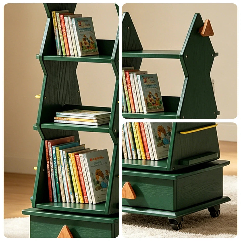 LIVARA Children’s Rotating Bookshelf Multi Layer Solid Wood Storage Shelf for Kids Room & Reading Corner - Green