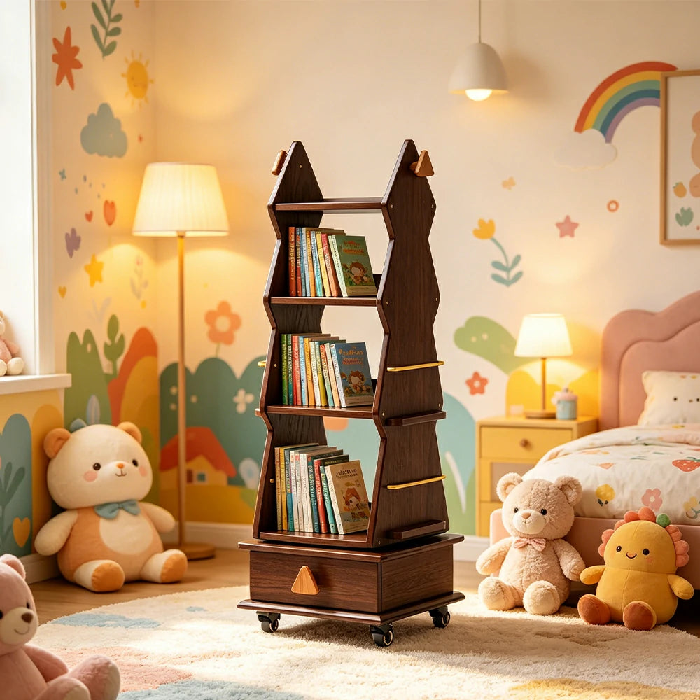 LIVARA Children’s Rotating Bookshelf Multi Layer Solid Wood Storage Shelf for Kids Room & Reading Corner - Walnut