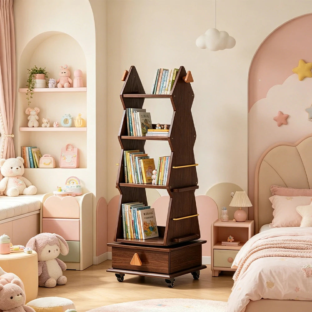 LIVARA Children’s Rotating Bookshelf Multi Layer Solid Wood Storage Shelf for Kids Room & Reading Corner - Walnut