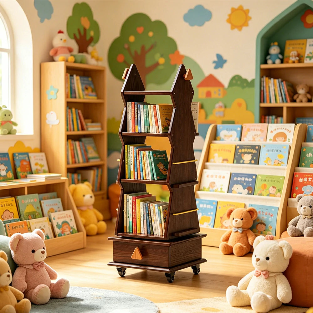 LIVARA Children’s Rotating Bookshelf Multi Layer Solid Wood Storage Shelf for Kids Room & Reading Corner - Walnut