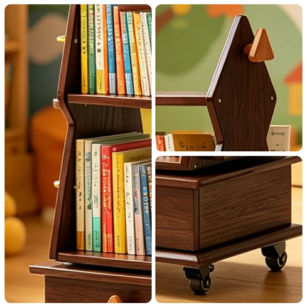 LIVARA Children’s Rotating Bookshelf Multi Layer Solid Wood Storage Shelf for Kids Room & Reading Corner - Walnut