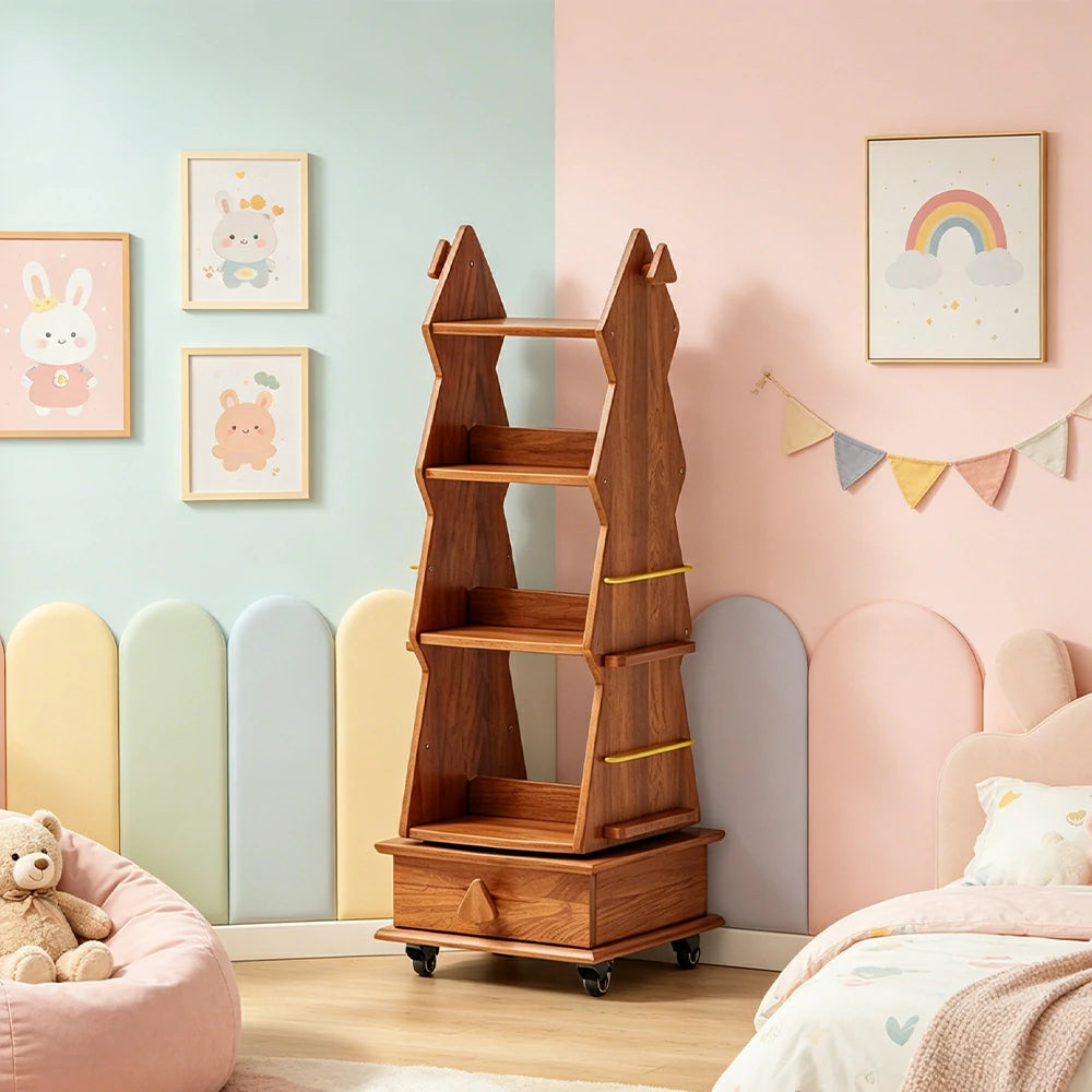 LIVARA Children’s Rotating Bookshelf Multi Layer Solid Wood Storage Shelf for Kids Room & Reading Corner - Cherry