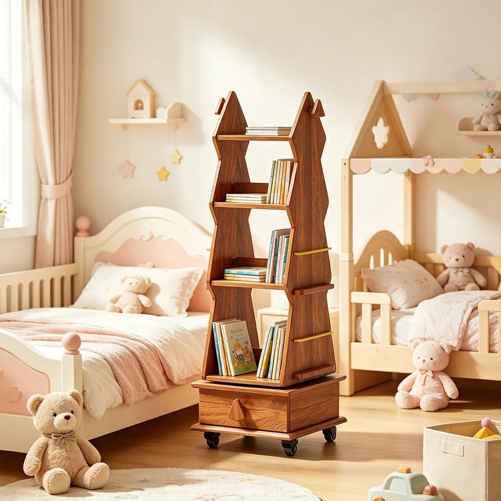 LIVARA Children’s Rotating Bookshelf Multi Layer Solid Wood Storage Shelf for Kids Room & Reading Corner - Cherry