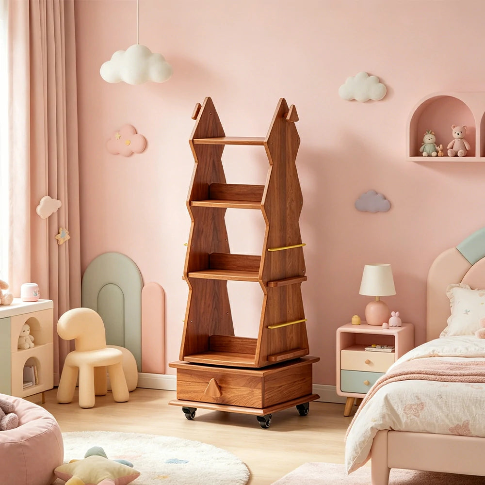 LIVARA Children’s Rotating Bookshelf Multi Layer Solid Wood Storage Shelf for Kids Room & Reading Corner - Cherry