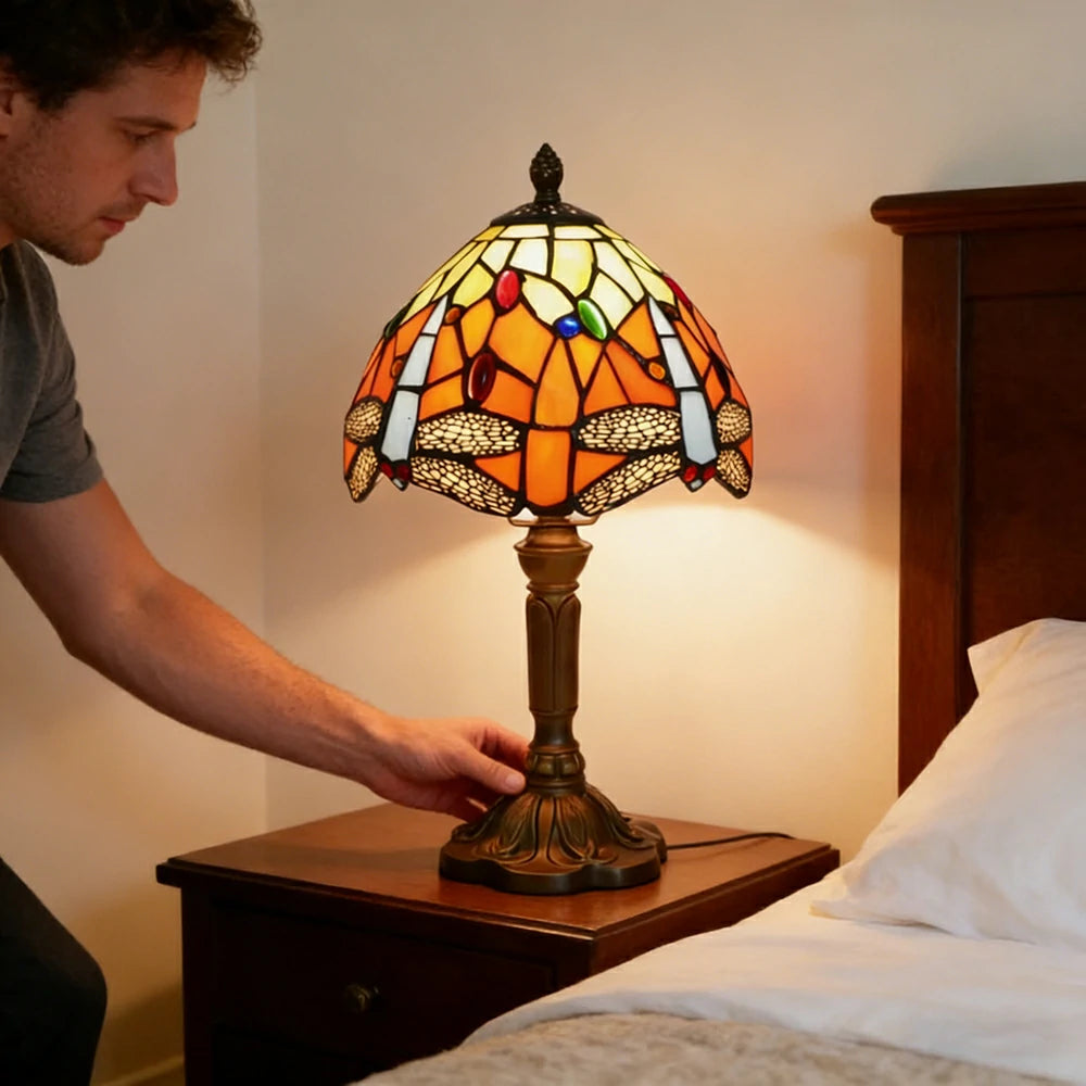 LIVARA Orange Dragonfly Stained Glass Table Lamp Handmade Tiffany Style E27 Bedside Light Vintage Decor for Living Room Bedroom Study