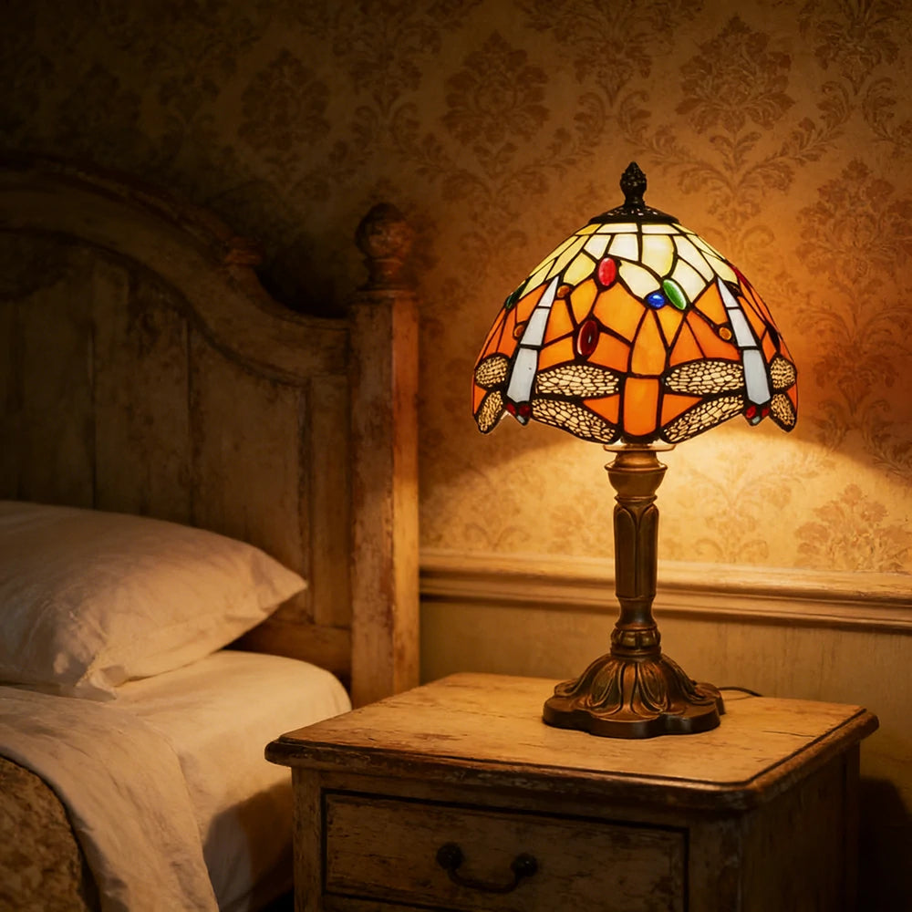 LIVARA Orange Dragonfly Stained Glass Table Lamp Handmade Tiffany Style E27 Bedside Light Vintage Decor for Living Room Bedroom Study