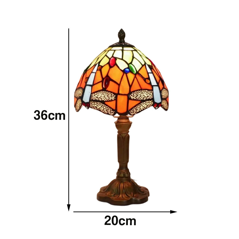 LIVARA Orange Dragonfly Stained Glass Table Lamp Handmade Tiffany Style E27 Bedside Light Vintage Decor for Living Room Bedroom Study