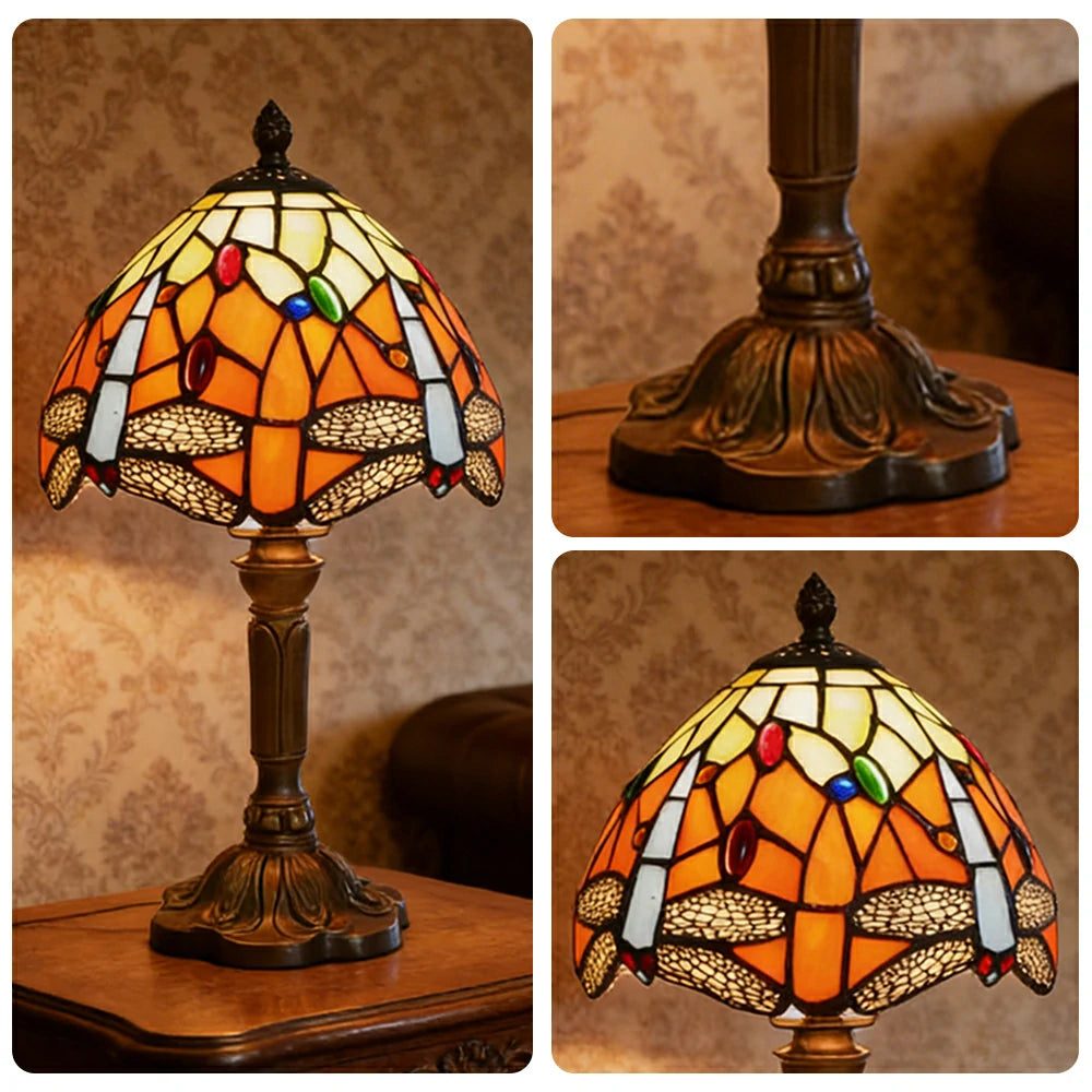 LIVARA Orange Dragonfly Stained Glass Table Lamp Handmade Tiffany Style E27 Bedside Light Vintage Decor for Living Room Bedroom Study