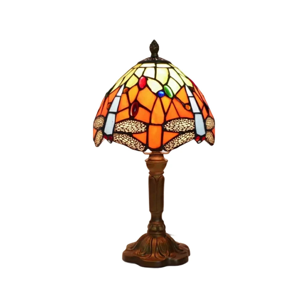 LIVARA Orange Dragonfly Stained Glass Table Lamp Handmade Tiffany Style E27 Bedside Light Vintage Decor for Living Room Bedroom Study