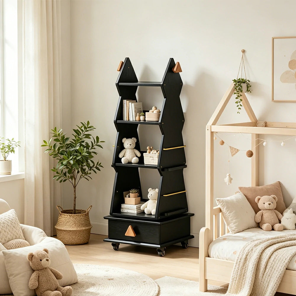 LIVARA Children’s Rotating Bookshelf Multi Layer Solid Wood Storage Shelf for Kids Room & Reading Corner - Black
