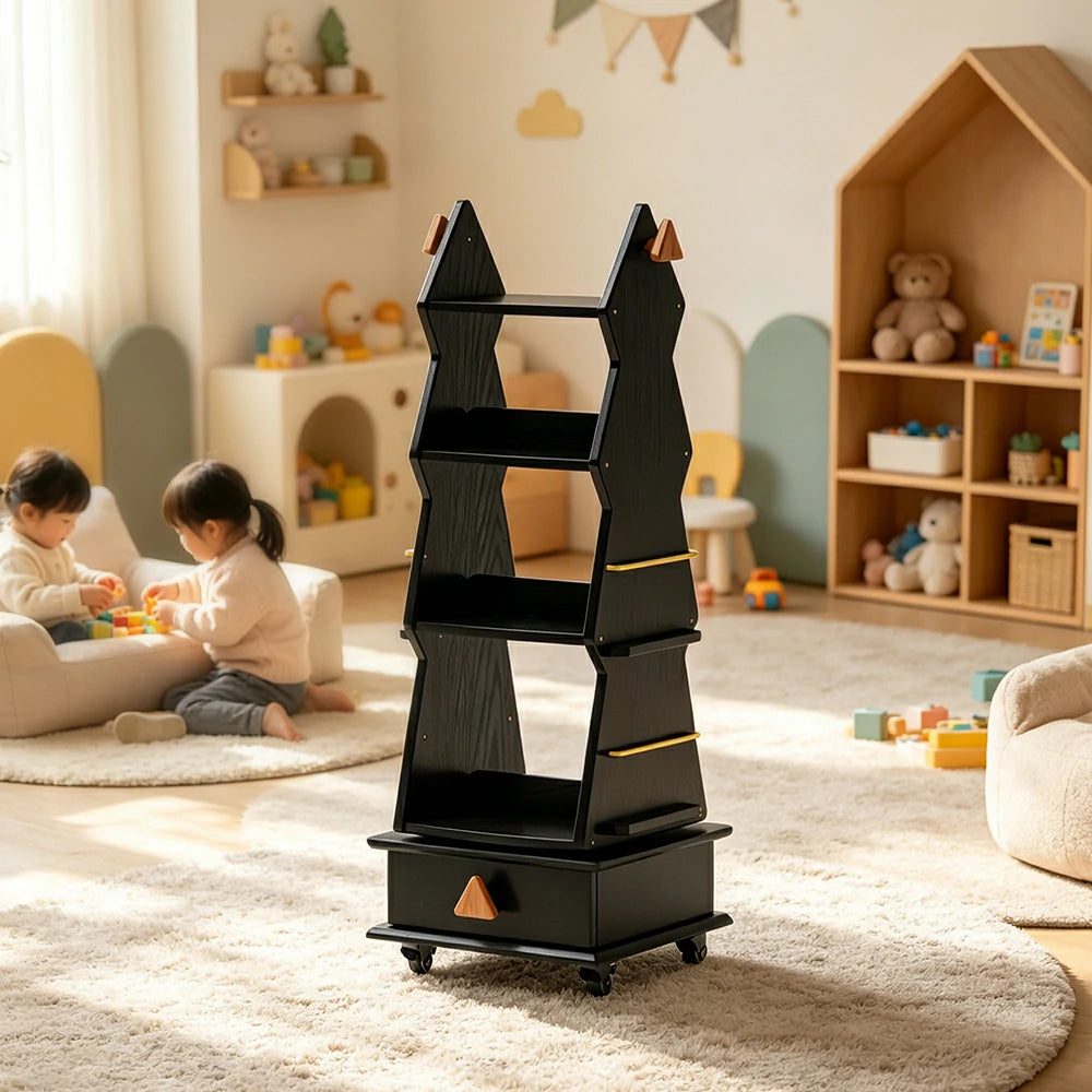 LIVARA Children’s Rotating Bookshelf Multi Layer Solid Wood Storage Shelf for Kids Room & Reading Corner - Black