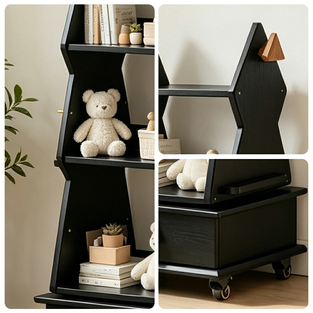 LIVARA Children’s Rotating Bookshelf Multi Layer Solid Wood Storage Shelf for Kids Room & Reading Corner - Black