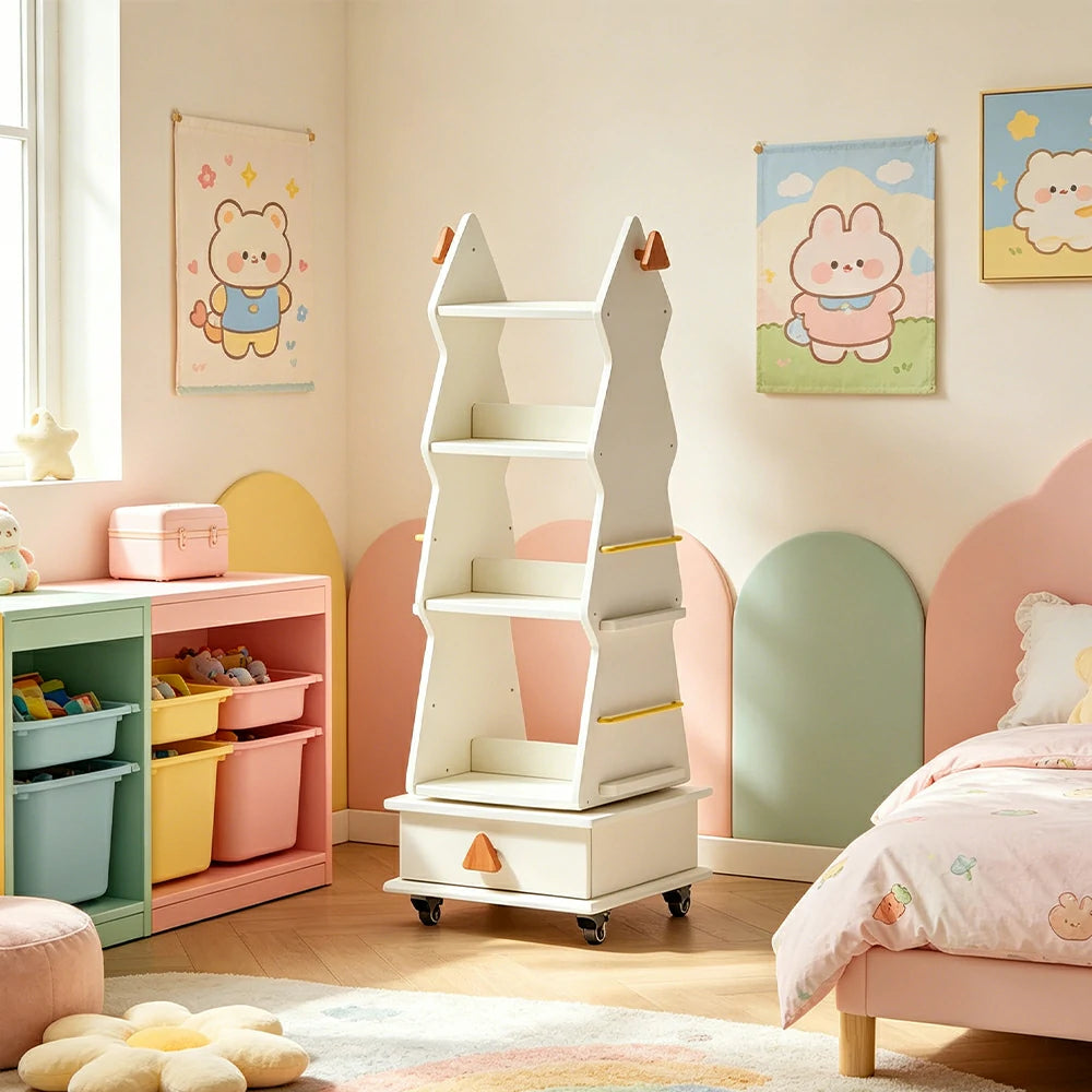 LIVARA Children’s Rotating Bookshelf Multi Layer Solid Wood Storage Shelf for Kids Room & Reading Corner - White