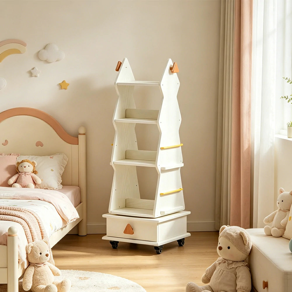 LIVARA Children’s Rotating Bookshelf Multi Layer Solid Wood Storage Shelf for Kids Room & Reading Corner - White
