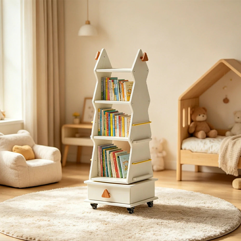 LIVARA Children’s Rotating Bookshelf Multi Layer Solid Wood Storage Shelf for Kids Room & Reading Corner - White
