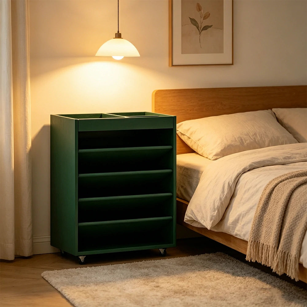 LIVARA Rolling Storage Cabinet Layered Solid Wood Organizer for Small Spaces Living Room & Bedroom - Green