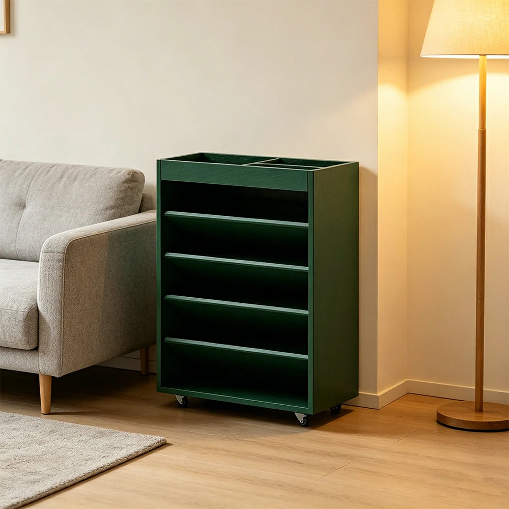 LIVARA Rolling Storage Cabinet Layered Solid Wood Organizer for Small Spaces Living Room & Bedroom - Green