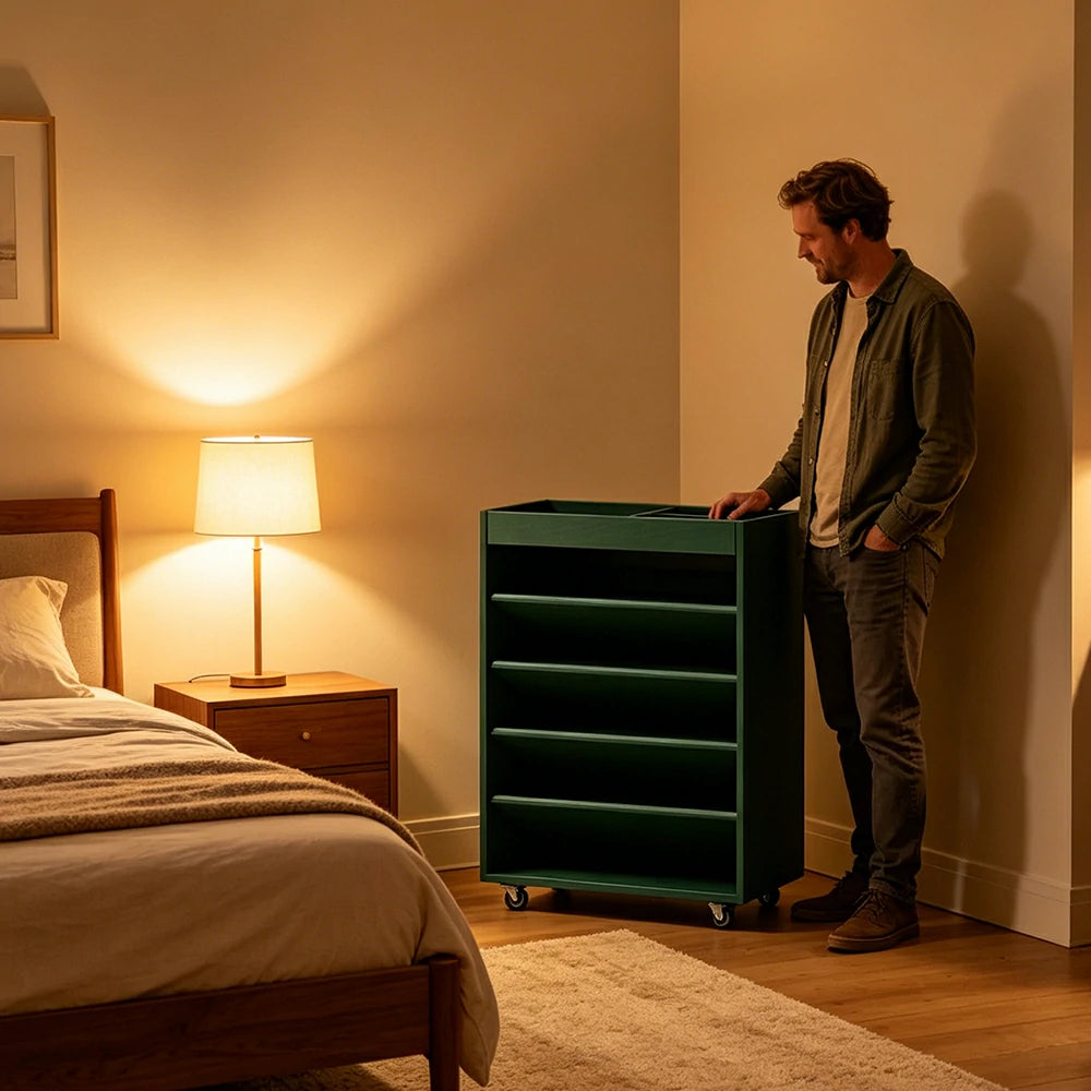 LIVARA Rolling Storage Cabinet Layered Solid Wood Organizer for Small Spaces Living Room & Bedroom - Green
