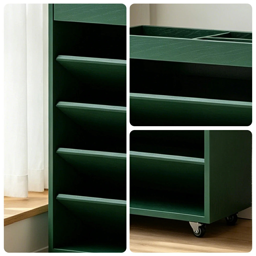 LIVARA Rolling Storage Cabinet Layered Solid Wood Organizer for Small Spaces Living Room & Bedroom - Green