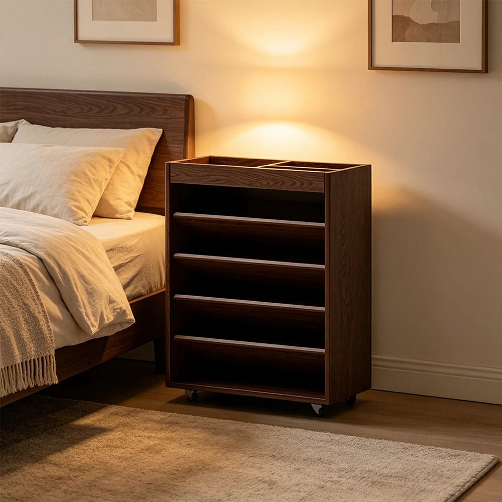 LIVARA Rolling Storage Cabinet Layered Solid Wood Organizer for Small Spaces Living Room & Bedroom - Walnut