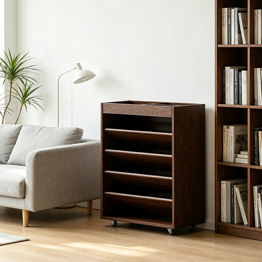LIVARA Rolling Storage Cabinet Layered Solid Wood Organizer for Small Spaces Living Room & Bedroom - Walnut