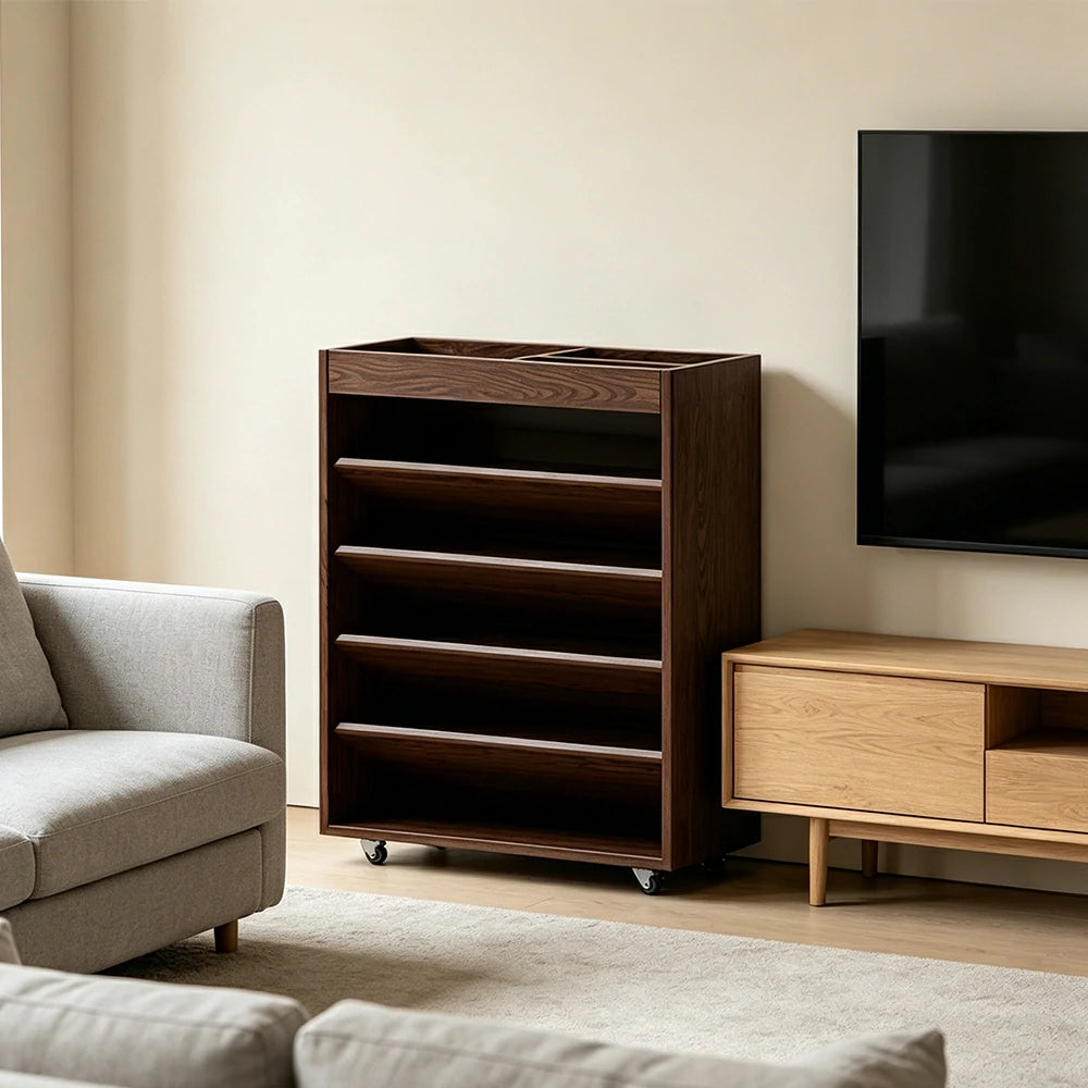 LIVARA Rolling Storage Cabinet Layered Solid Wood Organizer for Small Spaces Living Room & Bedroom - Walnut