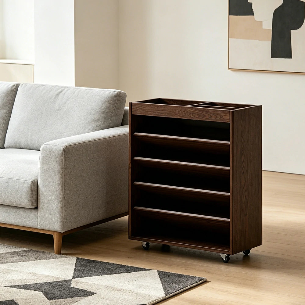 LIVARA Rolling Storage Cabinet Layered Solid Wood Organizer for Small Spaces Living Room & Bedroom - Walnut