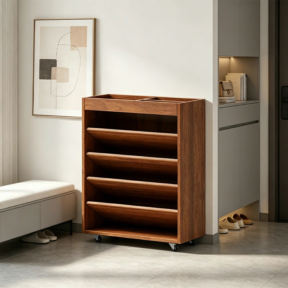 LIVARA Rolling Storage Cabinet Layered Solid Wood Organizer for Small Spaces Living Room & Bedroom - Cherry